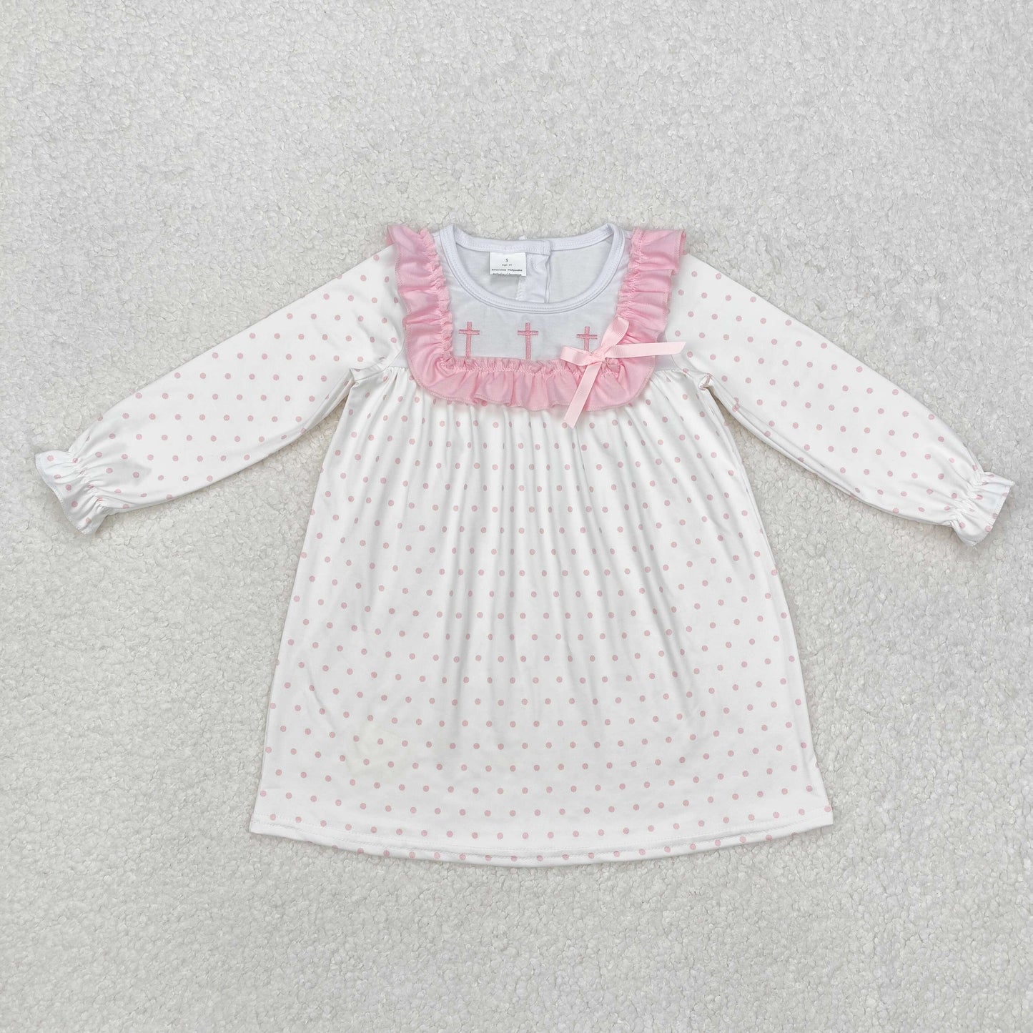 GLD0981 Embroidery Cross Dot Pink Lace Long Sleeve Dress
