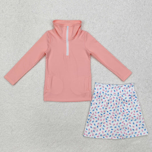 GLD0984 Solid Pink Zipper Long Sleeve Flower White Short Skirt Yoga Set