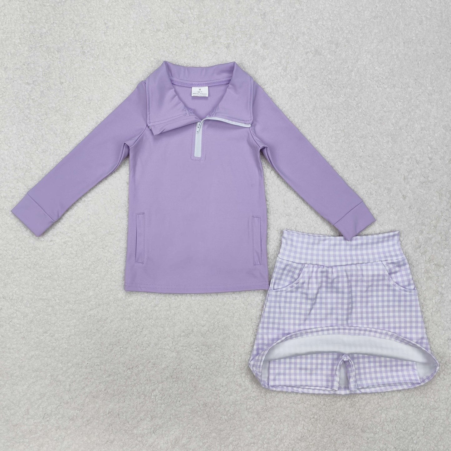 GLD0985 Solid Purple Zipper Long Sleeve Plaid Skirt Yoga Set
