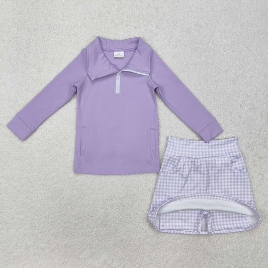 GLD0985 Solid Purple Zipper Long Sleeve Plaid Skirt Yoga Set