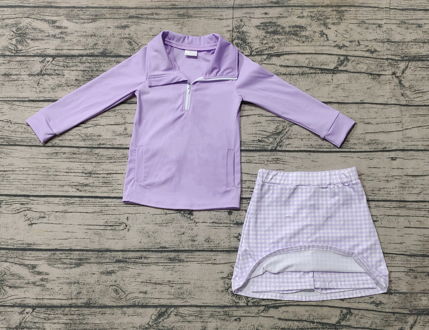 GLD0985 Solid Purple Zipper Long Sleeve Plaid Skirt Yoga Set