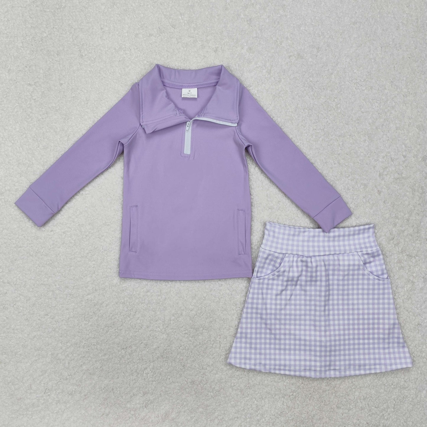 GLD0985 Solid Purple Zipper Long Sleeve Plaid Skirt Yoga Set