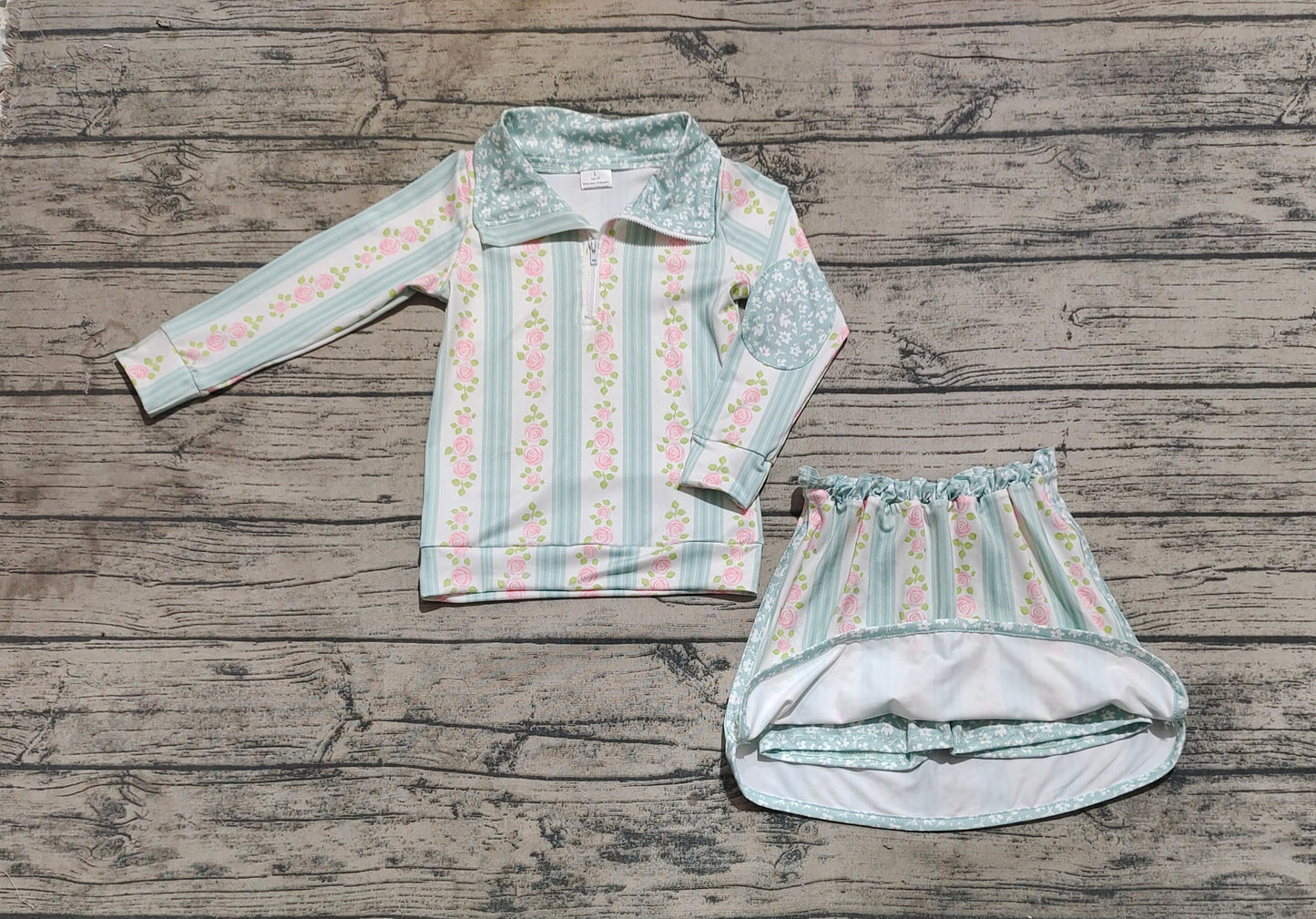 presale GLD1001 Flower and Leaf Green Striped Zipper Long Sleeve Pants Skirt Set  D 3.17