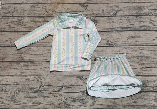 presale GLD1001 Flower and Leaf Green Striped Zipper Long Sleeve Pants Skirt Set D 3.17
