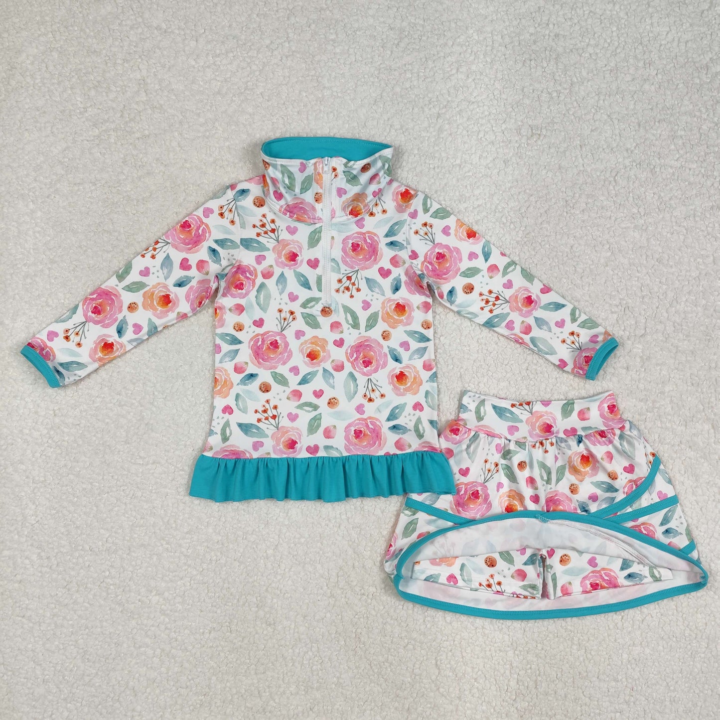 GLD1009 Baby Girls Blue Flowers Jacket Skorts 2pcs Sets D 815