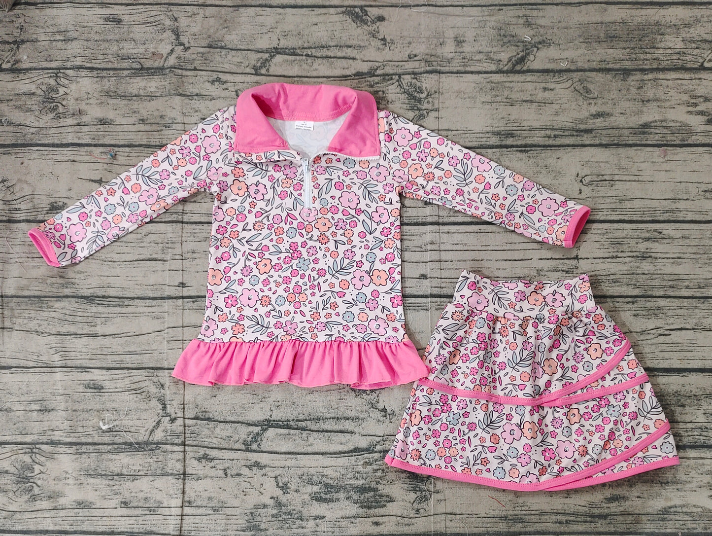 GLD1011  Baby Girls Bright Pink Flowers Zip Top Skirt Ruffle Skort Bottoms Sets  D 3.6