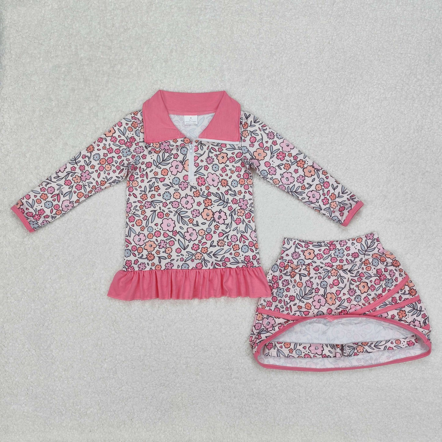 GLD1011  Baby Girls Bright Pink Flowers Zip Top Skirt Ruffle Skort Bottoms Sets  D 3.6