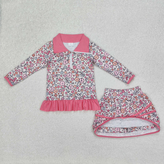 GLD1011  Baby Girls Bright Pink Flowers Zip Top Skirt Ruffle Skort Bottoms Sets  D 3.6