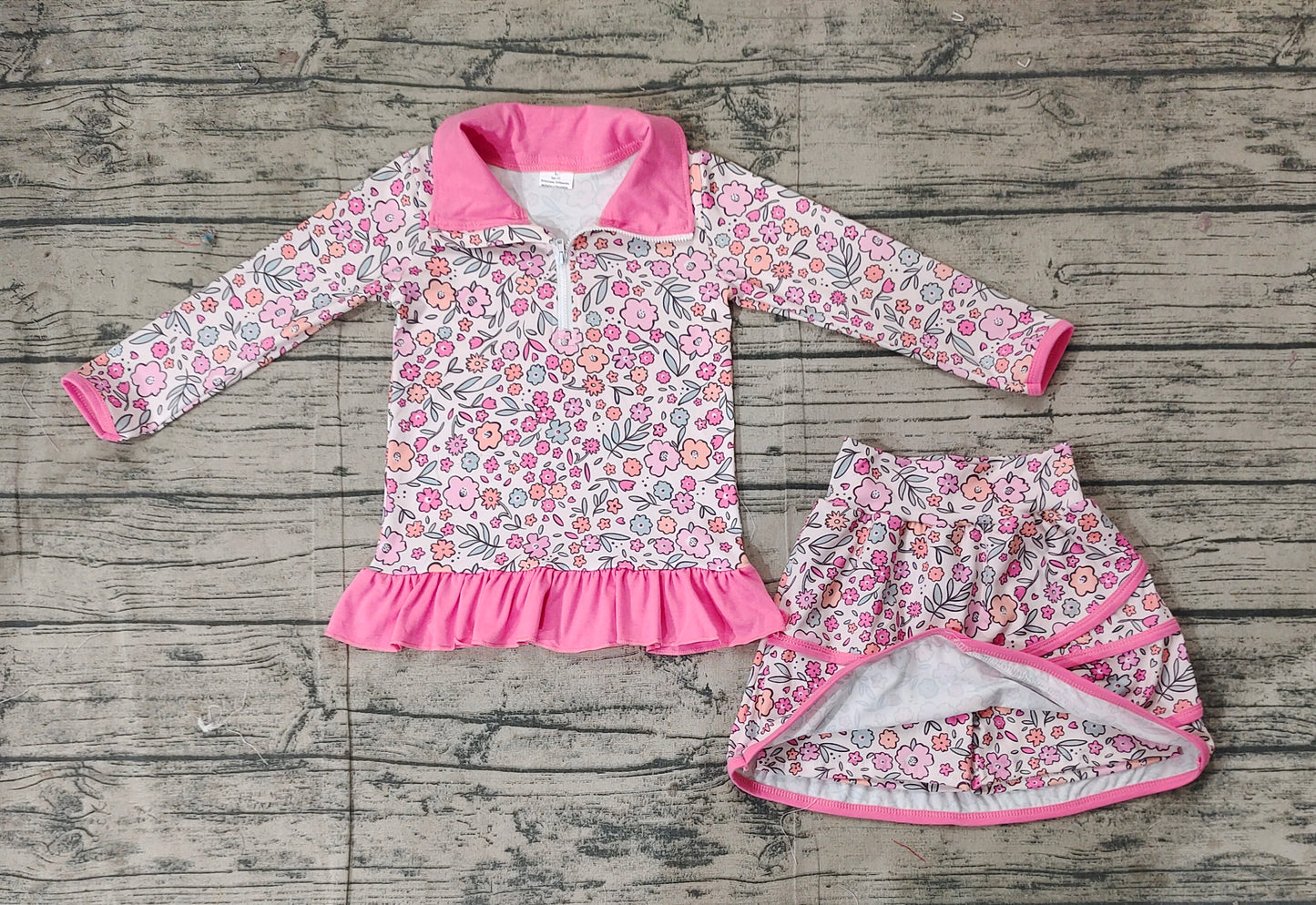 GLD1011  Baby Girls Bright Pink Flowers Zip Top Skirt Ruffle Skort Bottoms Sets  D 3.6
