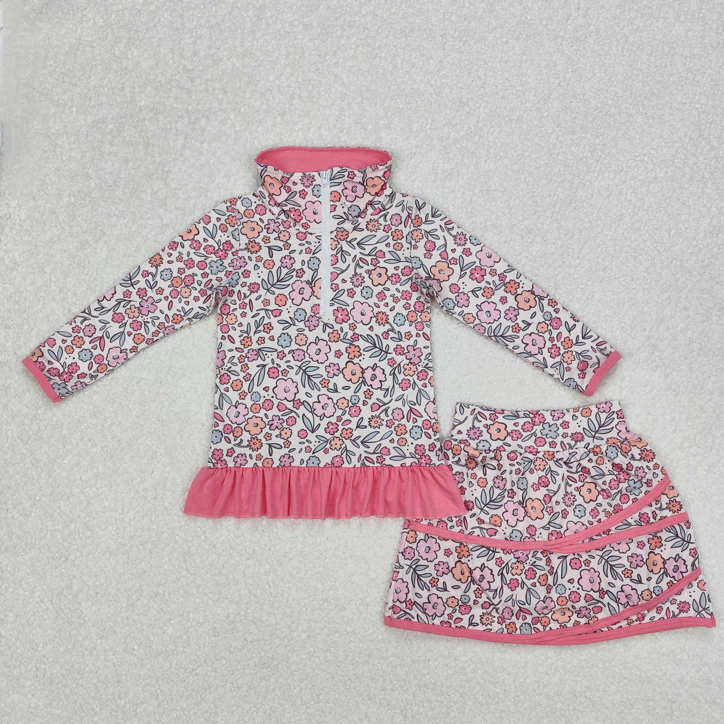 GLD1011  Baby Girls Bright Pink Flowers Zip Top Skirt Ruffle Skort Bottoms Sets  D 3.6