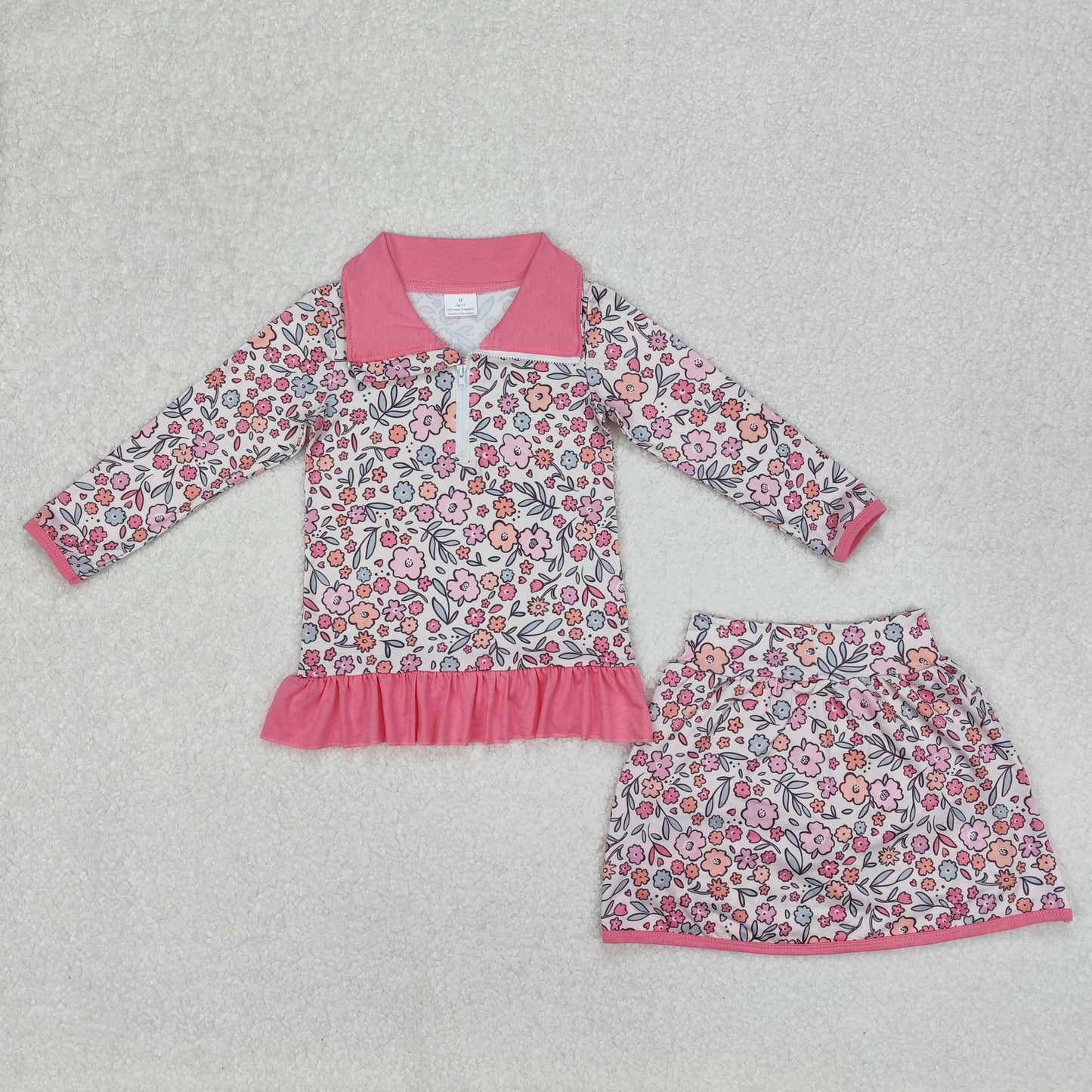 GLD1011  Baby Girls Bright Pink Flowers Zip Top Skirt Ruffle Skort Bottoms Sets  D 3.6