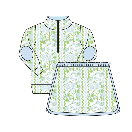 preorder GLD1017 Blue flower green wave line zipper long sleeve lace skirt suit D 3.12