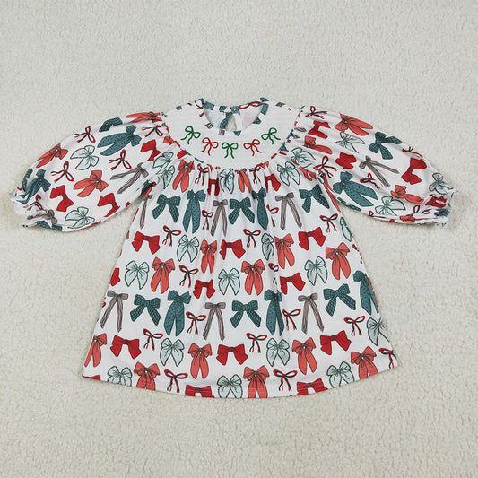 GLD1028  Baby Girls Christmas Colorful Bows Smocked Knee Length Dresses  D 7.12