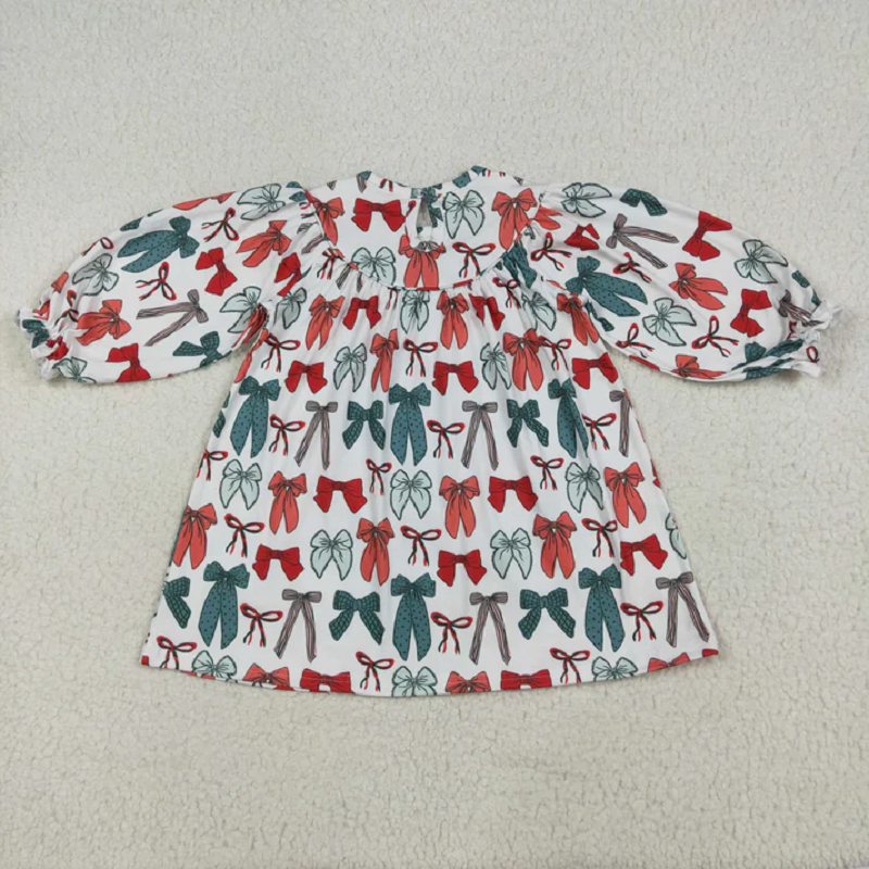 Smocked Embroidery Sibling Baby Girls Green Red Bows Christmas Knee Length Dresses  D 903