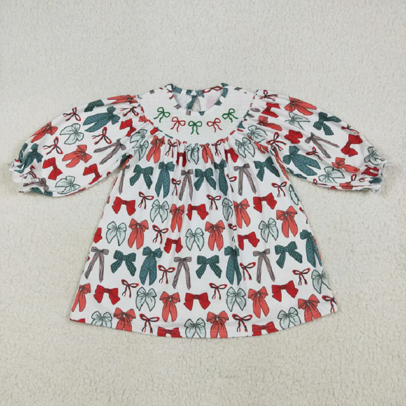 Smocked Embroidery Sibling Baby Girls Green Red Bows Christmas Knee Length Dresses  D 903