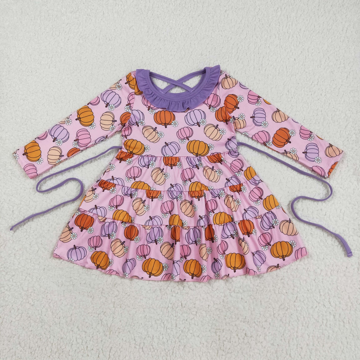 GLD1032   Baby Girls Pink Flowers Pumpkins Fall Knee Length Dresses With Belt  D 8.9