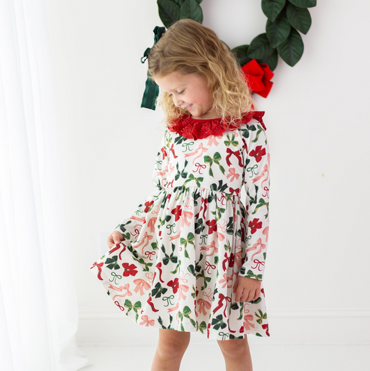 GLD1036 Baby Girls Long Sleeves Colorful Bows Christmas Knee Length Dresses   D 829