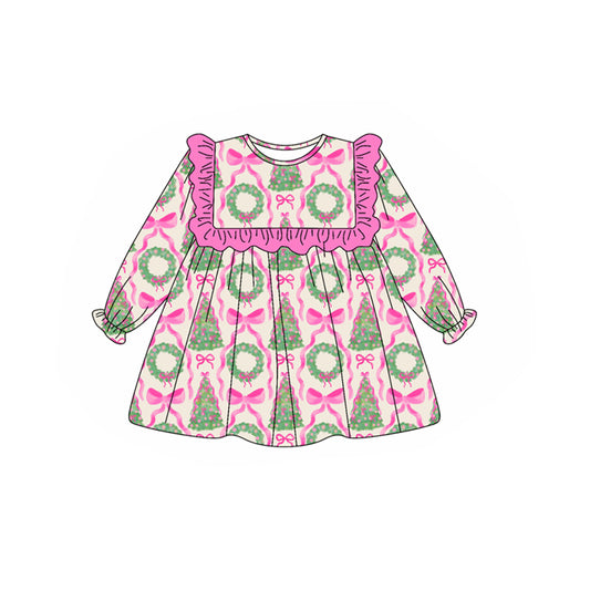 presale GLD1040 Baby Girls Long Ruffle Sleeves Bows Trees Plaid Knee Length Dresses  D 5.14