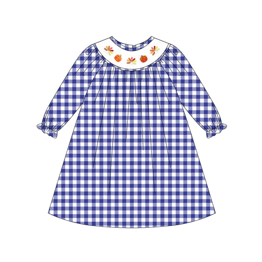 presale GLD1041 Baby Girls Long Ruffle Sleeves Blue Plaid Smocked Turkey Pumpkins Knee Length Dresses D 5.14