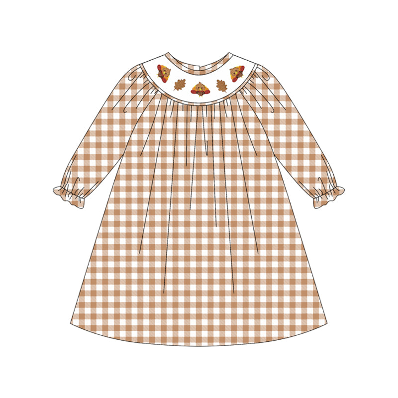 presale GLD1042 Baby Girls Long Ruffle Sleeves Khaki Plaid Smocked Turkey Leaves Knee Length Dresses    D 5.14