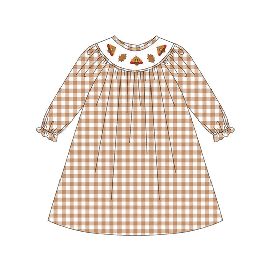presale GLD1042 Baby Girls Long Ruffle Sleeves Khaki Plaid Smocked Turkey Leaves Knee Length Dresses D 5.14