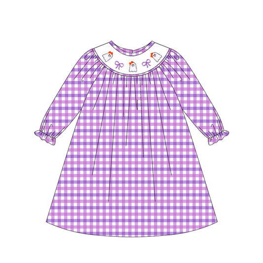 presale GLD1043 Baby Girls Long Ruffle Sleeves Purple Plaid Smocked Bows Ghosts Knee Length Dresses D 5.14
