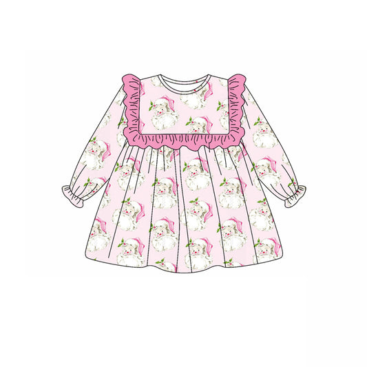 presale GLD1045 Baby Girls Long Ruffle Sleeves Pink Santa Knee Length Dresses  D 5.14