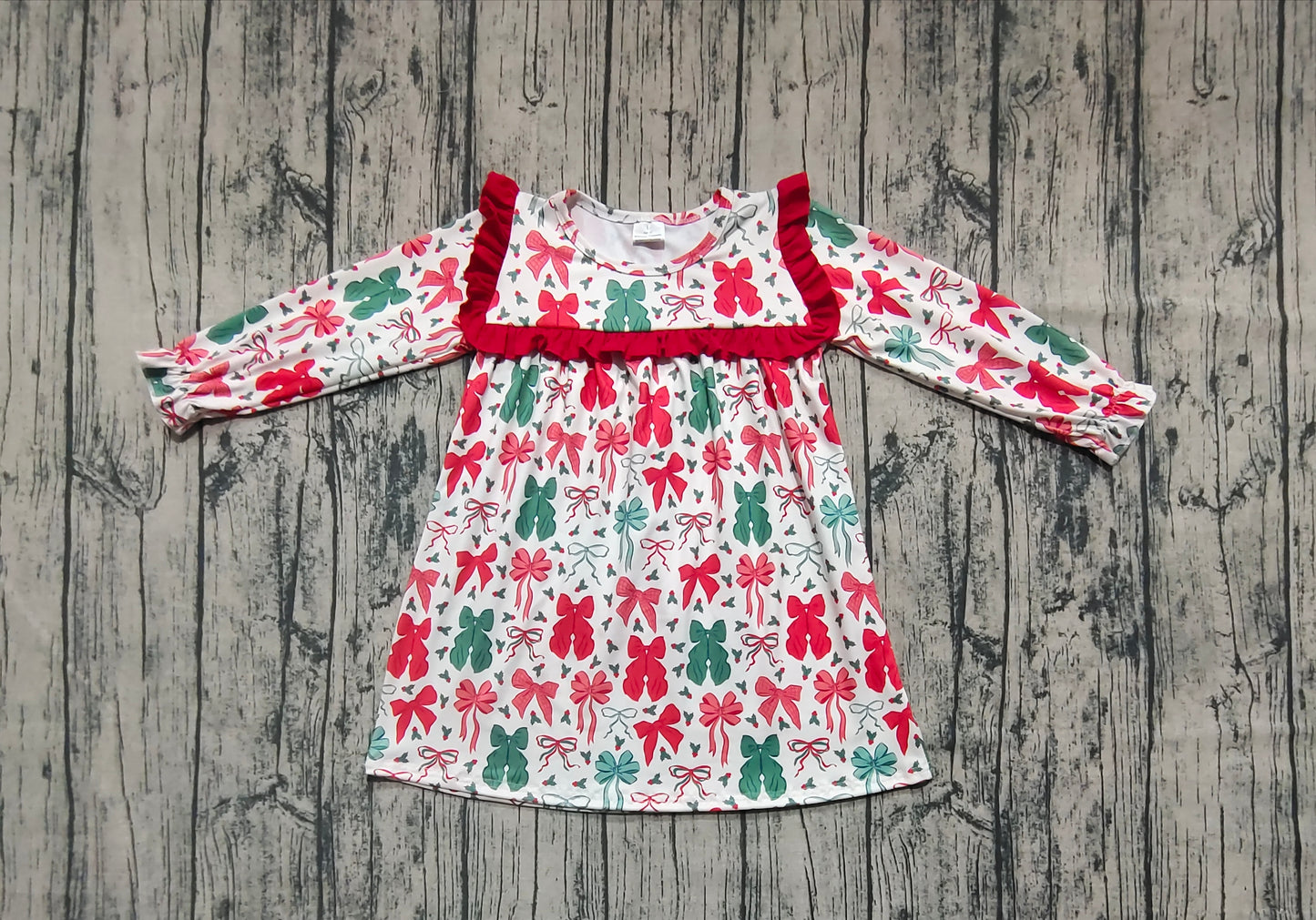 GLD1046 Baby Girls Christmas Red Green Bows Knee Length Dresses D 6.25