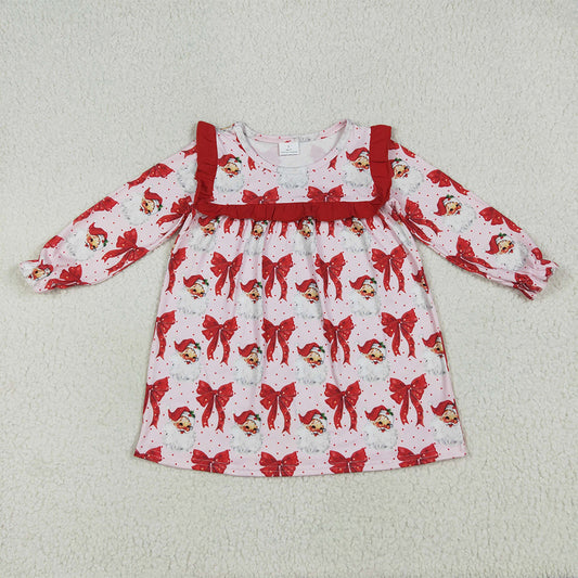 GLD1047 Baby Girls Long Ruffle Sleeves Red Santa Bows Knee Length Dresses  D 6.23
