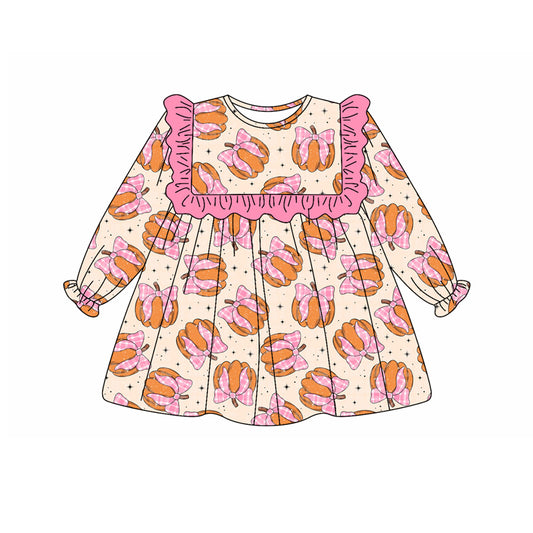 presale GLD1048  Baby Girls Long Ruffle Sleeves Pink Bows Pumpkins Knee Length Dresses D 5.15