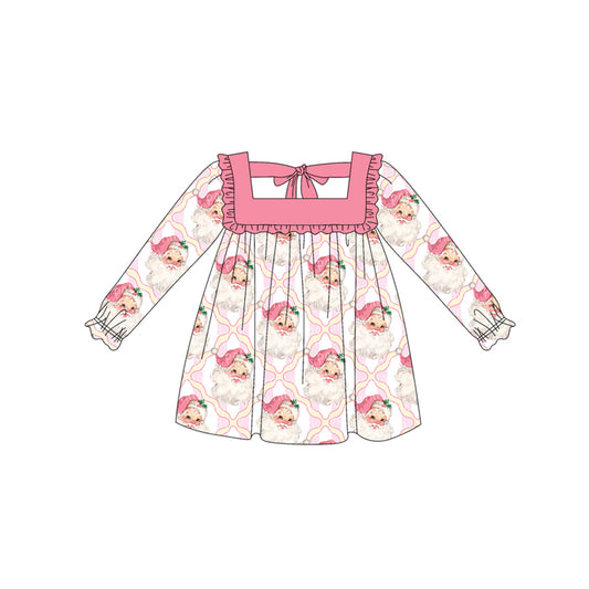 presale GLD1049 Baby Girls Long Ruffle Sleeves Pink Santa Plaid Knee Length Dresses  D 5.15