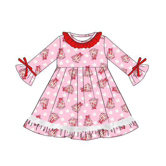 presale GLD1050 Baby Girls Long Ruffle Sleeves Pink Flowers Trees Knee Length Dresses D 5.15