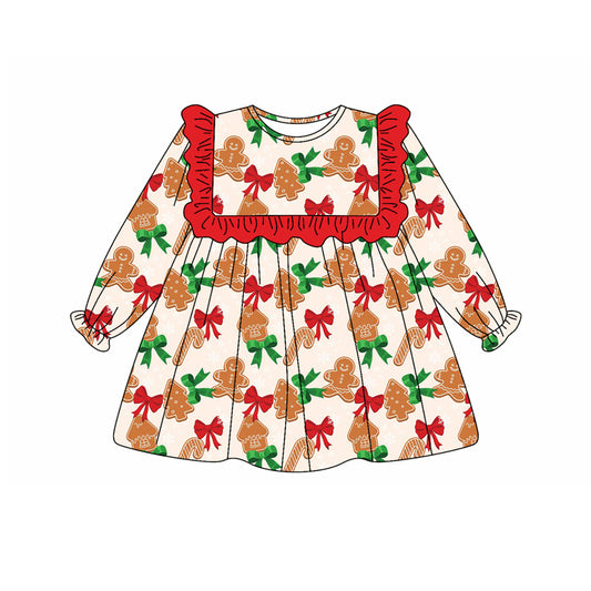 presale GLD1051 Baby Girls Long Ruffle Sleeves Bows Gingerbread Knee Length Dresses  D 5.15