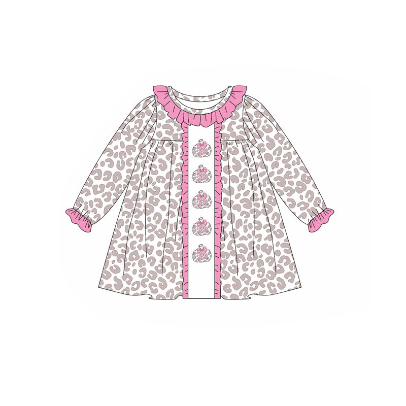 GLD1054  Embroidery Pumpkins Baby Girls Pink Leopard Fall Knee Length Dresses D 7.8