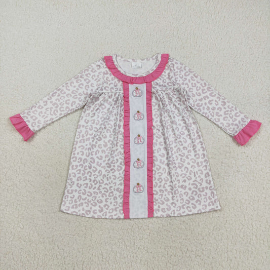 GLD1054  Embroidery Pumpkins Baby Girls Pink Leopard Fall Knee Length Dresses D 7.8