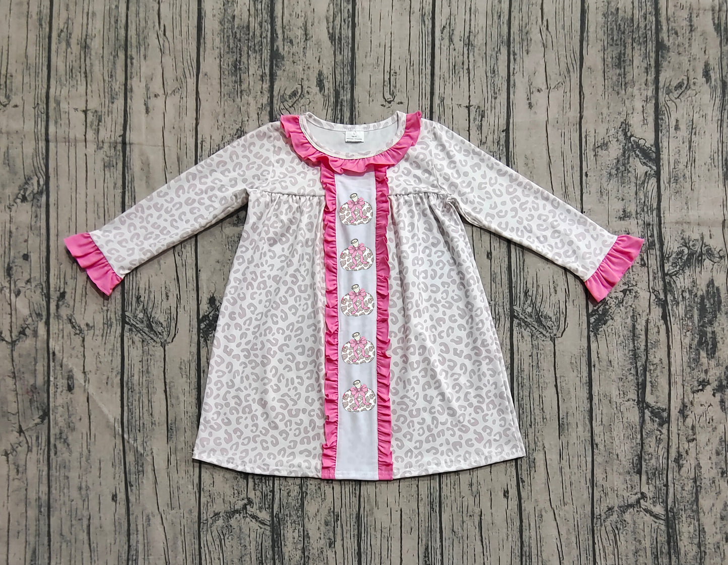 GLD1054  Embroidery Pumpkins Baby Girls Pink Leopard Fall Knee Length Dresses D 7.8