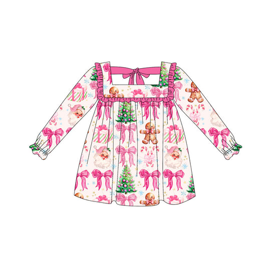 presale GLD1055 Long sleeves pink bow santa girls Christmas dresses D 5.15