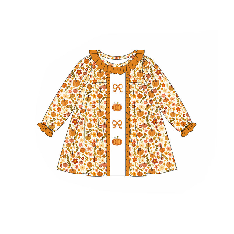 GLD1058  Embroidery Long sleeves yellow pumpkin bow baby girls fall dress D 6.25