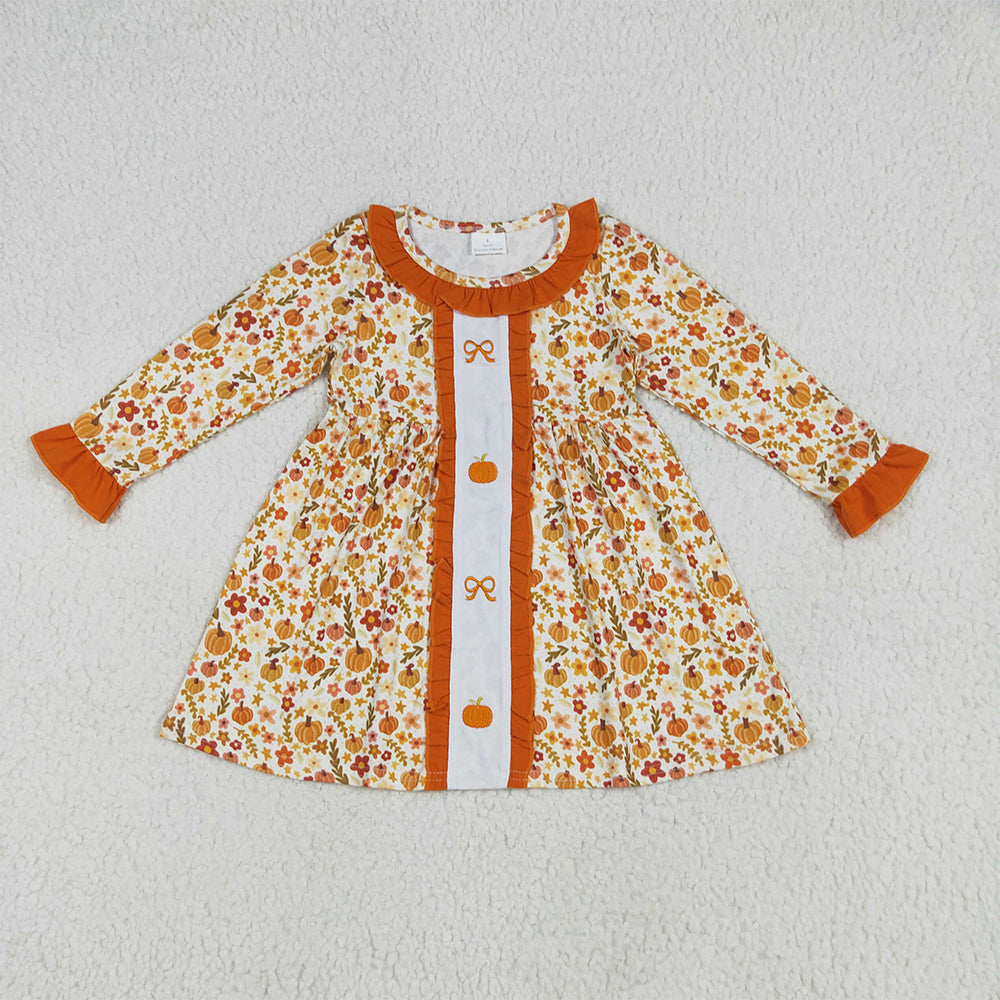 GLD1058  Embroidery Long sleeves yellow pumpkin bow baby girls fall dress D 6.25