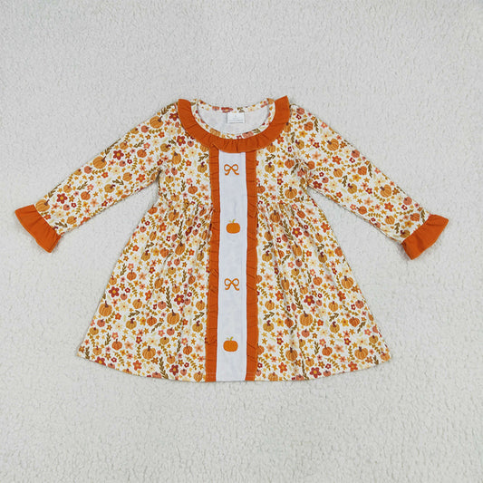 GLD1058 Embroidery Long sleeves yellow pumpkin bow baby girls fall dress D 6.25
