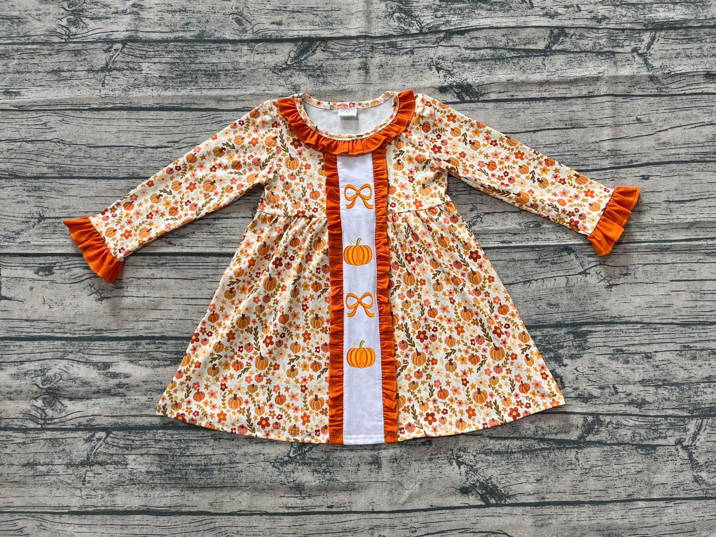 GLD1058  Embroidery Long sleeves yellow pumpkin bow baby girls fall dress D 6.25