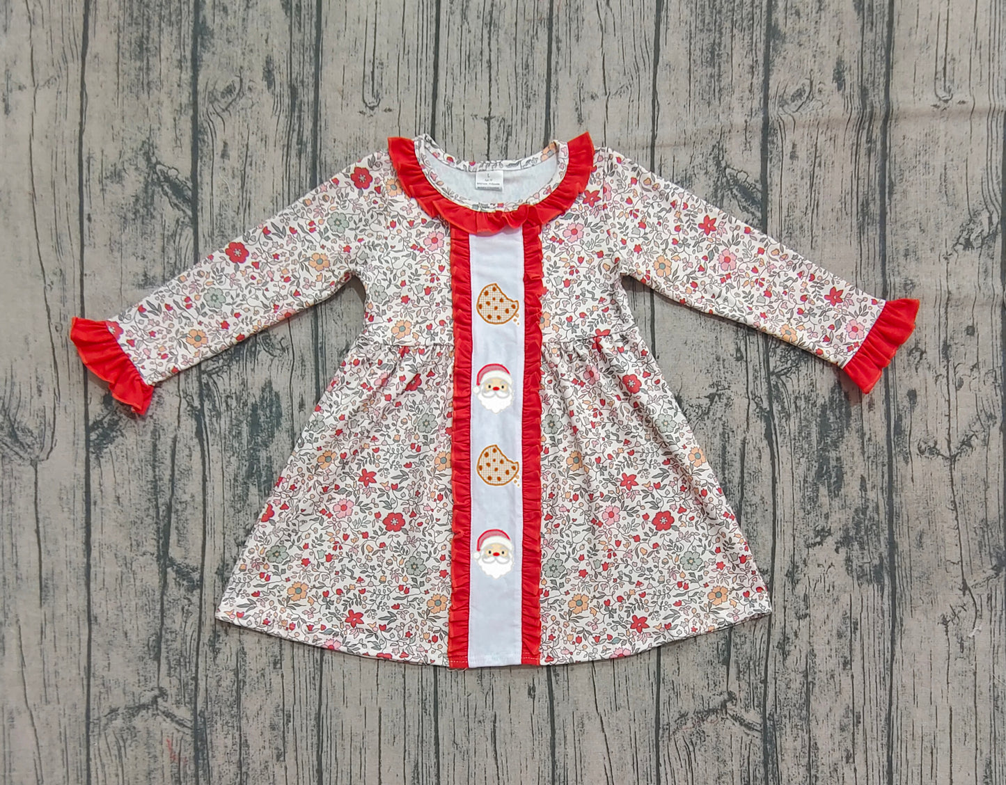 GLD1062 Embroidery Baby Girls Christmas Floral Santa Cakes Knee Length Dresses D 906