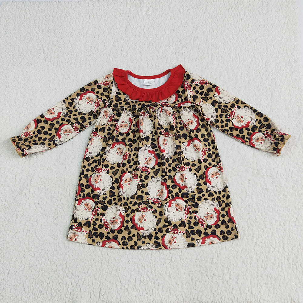 GLD1065  Baby Girls Christmas Santa Leopard Knee Length Dresses