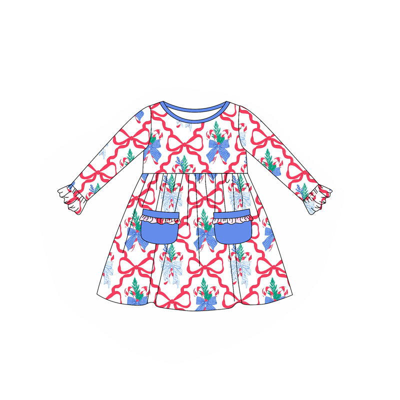 presale GLD1069 Baby Girls Red Bows Plaid Gingerbread Pockets Ruffle Knee Length Dress  D 5.23