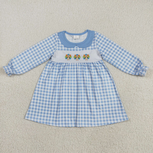GLD1070 Baby Girls Blue Long Sleeves Plaid Turkey Ruffle Knee Length Dress  D 8.4