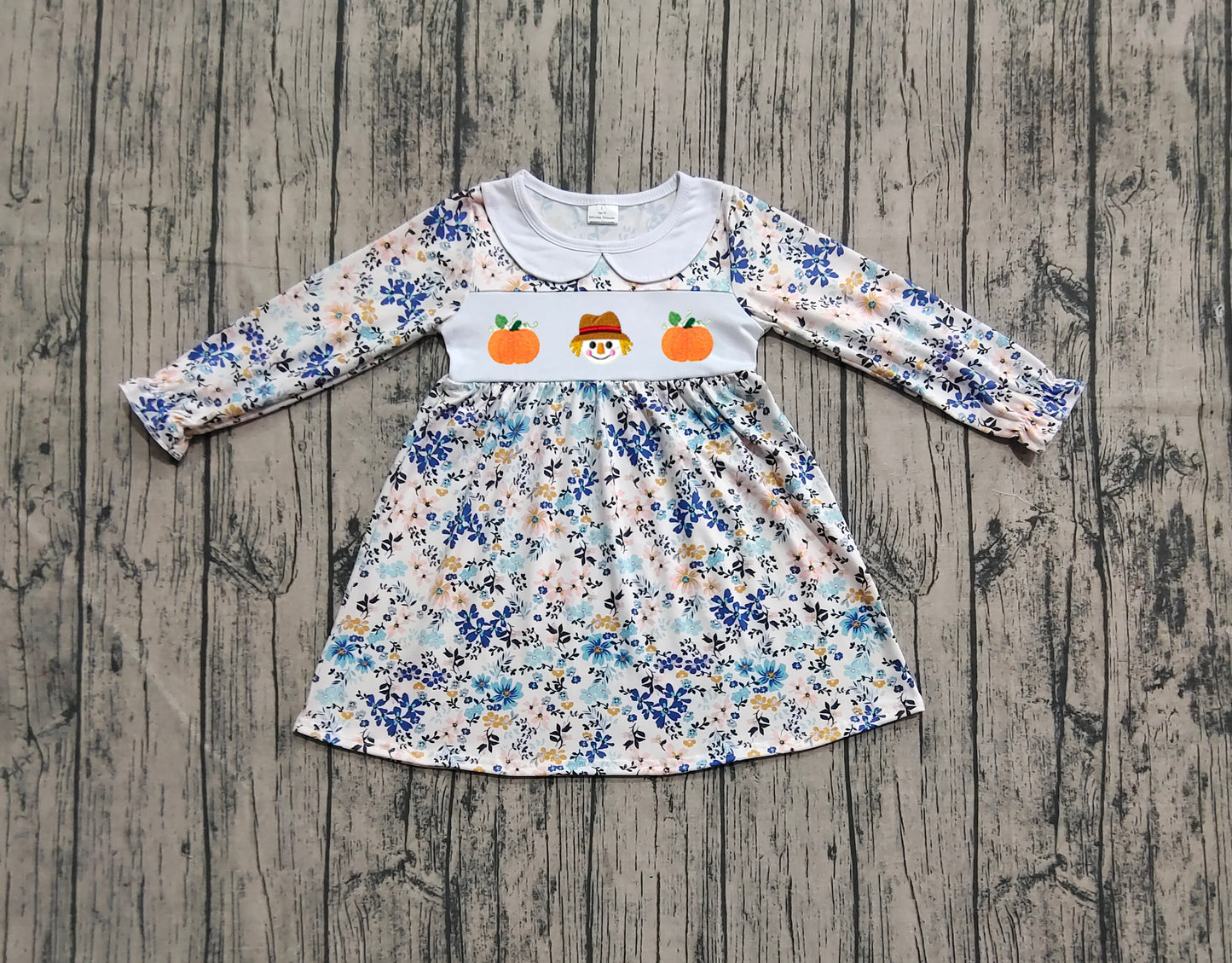 GLD1071  Embroidery Floral Pumpkins Baby Girls Long Ruffle Sleeves Fall Knee Length Dress D 821