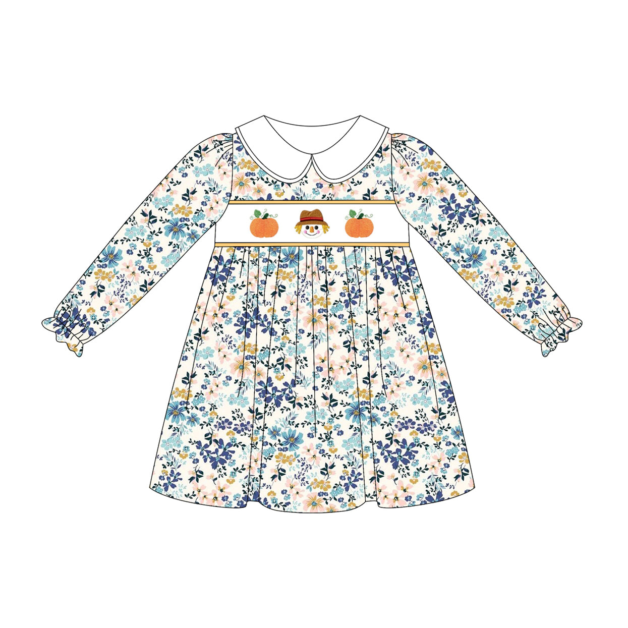 GLD1071  Embroidery Floral Pumpkins Baby Girls Long Ruffle Sleeves Fall Knee Length Dress D 821