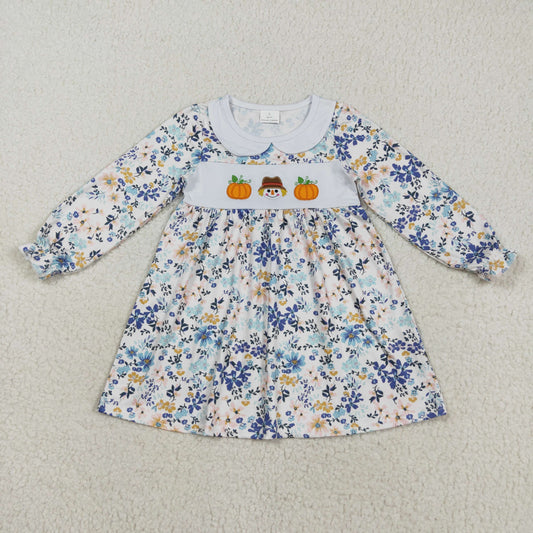 GLD1071  Embroidery Floral Pumpkins Baby Girls Long Ruffle Sleeves Fall Knee Length Dress D 821
