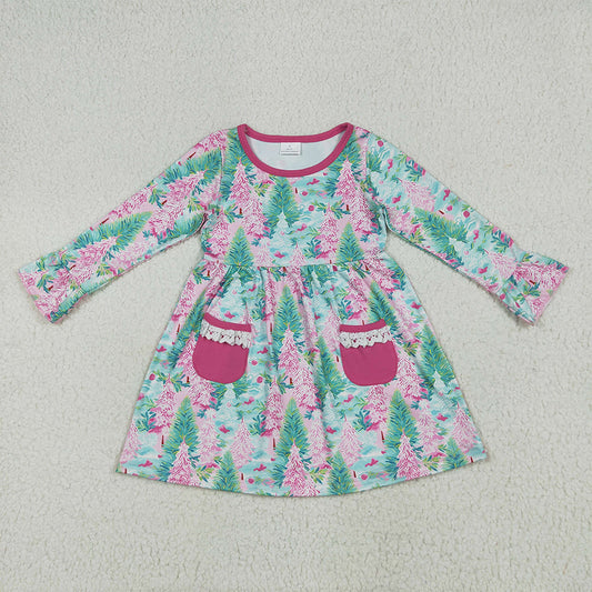 GLD1072 Baby Girls Long Ruffle Sleeves Trees Floral Pockets Knee Length Dress D 6.18