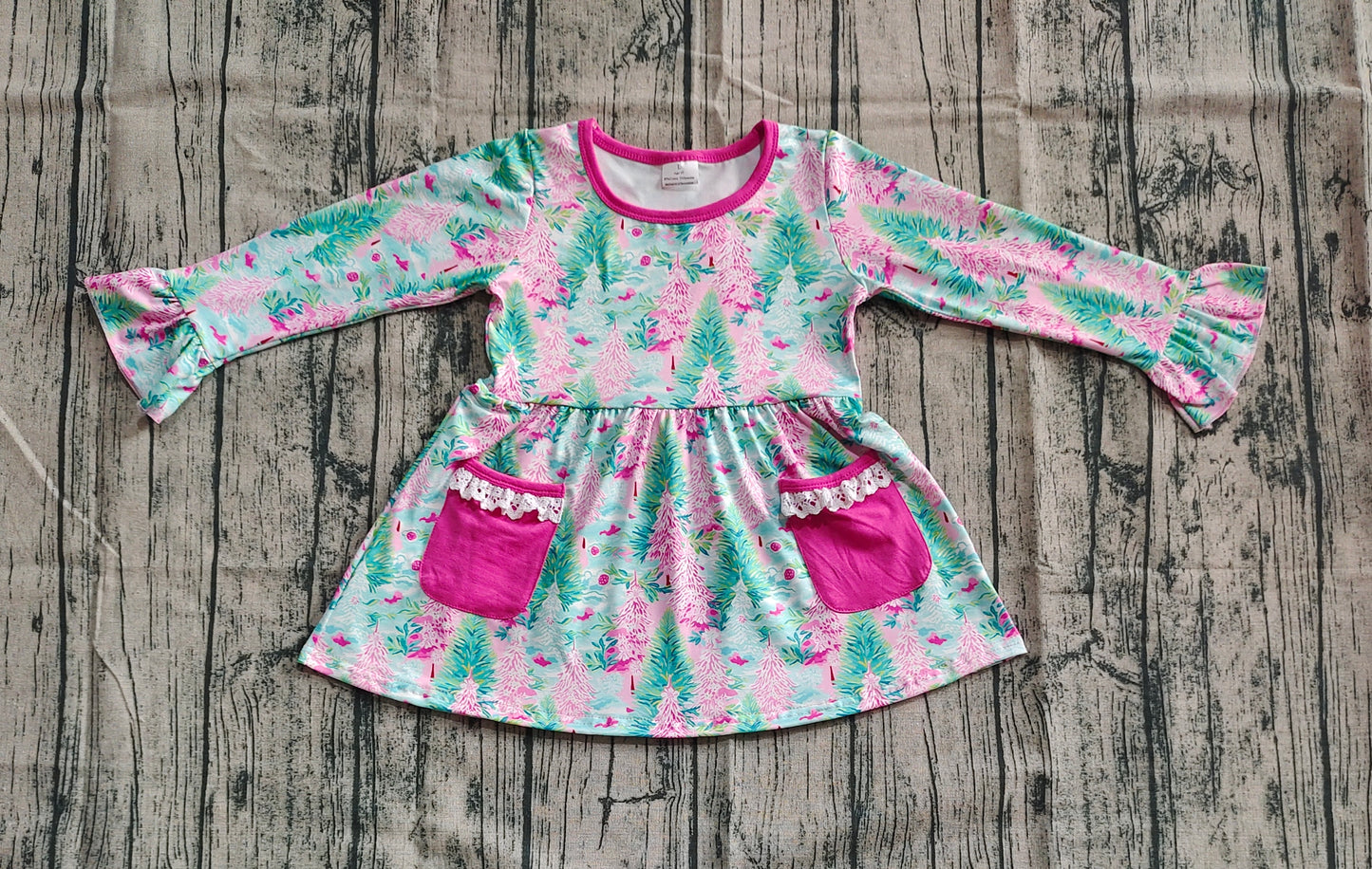 GLD1072 Baby Girls Long Ruffle Sleeves Trees Floral Pockets Knee Length Dress D 6.18